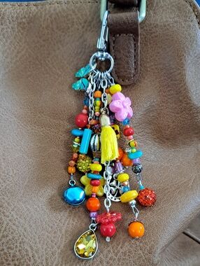 BAG OR PURSE CHARM Handmade Multi-color Brights/Silver, Fun Accessory, 5"